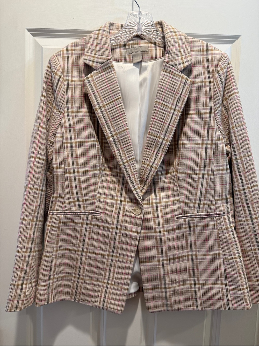 H&M Large Single-Button Women's Blazer Soft Neutral Plaid, Cotton/Poly, Like New